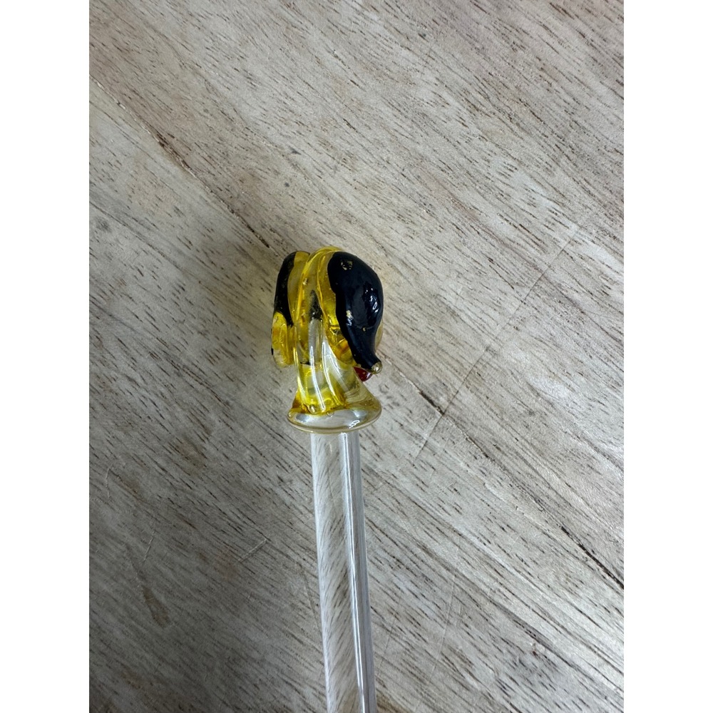 Vintage Art Glass Swizzle Stick Yellow Black Dog Dachshund Figural Bar Stirrer